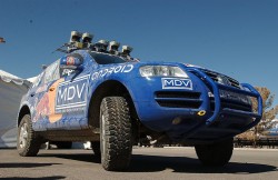 An official DARPA photograph of Stanley at the 2005 DARPA Grand Challenge. Stanley, created by the Stanford University Racing Team, won the race.