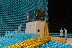 Galileo Full Operational Capability (FOC) satellite first flight model, FM1, being prepared for 'passive intermodulation testing' within the Maxwell electromagnetic test facility inside the ESTEC Test Centre at the end of August 2013. 