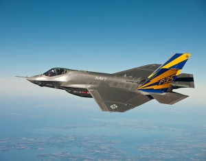 The F-35C Lightning II test aircraft CF-1 performs a flight test (photo by Andy Wolfe, courtesy U.S. Navy).
