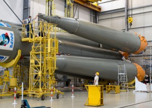 Assembly of seventh and eighth Galileo satellites' Soyuz ST-B’s first two stages, plus its four first stage boosters, took place at the Spaceport’s Soyuz Launcher Integration Building in the first week of March 2015. Assembly takes place on a horizontal basis, in the Russian manner.
