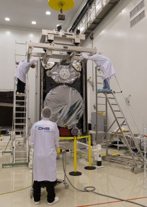 Galileo satellite being prepared for fit check. This testing, to ensure the seventh and eight Galileo satellites fit onto their dual-launch dispenser took place in mid-February 2015. The dispenser sits atop the Fregat upper stage of their Soyuz ST-B launcher.