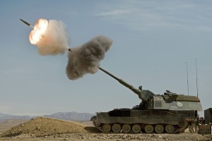A Dutch Panzerhaubitze 2000 fires a round in Afghanistan. (Courtesy Dutch Ministry of Defense)