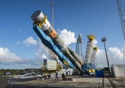 The Soyuz rocket is moved to the launch pad and lifted into a vertical position. (Credit: Arianespace)