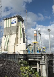 The Soyuz launcher is transferred to the launch pad. (Credit: Arianespace)