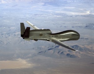 An RQ-4 Global Hawk soars through the sky to record intelligence, surveillence and reconnaissance data. Air Force and Navy officials met to discuss joint training with the RQ-4. (Courtesy USAF)