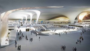 Artist's depiction of the inside of the new Beijing Airport terminal. (image:  Zaha Hadid Architects)