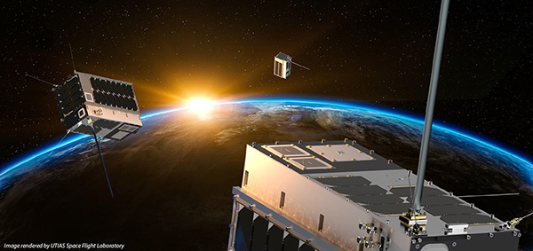 Microsatellite constellation geolocates RF signals