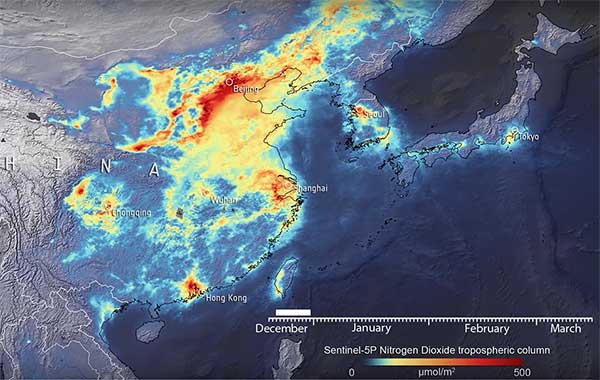 Analysis of satellite imagery shows reduced NO2 in China, Italy