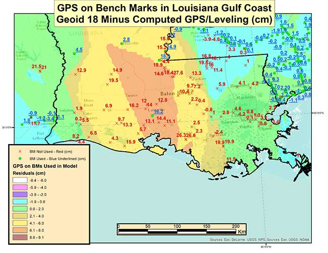 The differences between published Geoid18 and Geoid12B values in Southern Louisiana