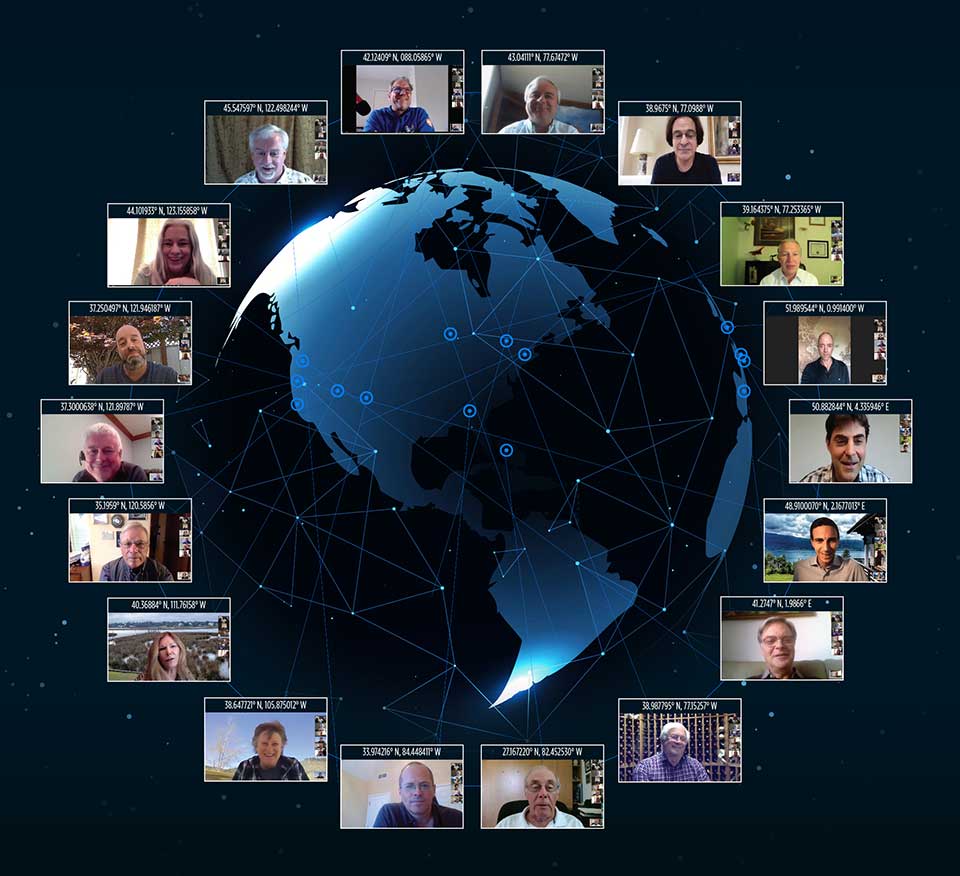 Reaching ’round the world: GPS World staff engage in a teleconference with Editorial Advisory Board members and contributors via teleconferencing. Clockwise from top: Tim Burch, John Fischer, Mitch Narins, William Tewelow, Julian Thomas, Jean-Marie Sleewaegen, Thibault Bonnevie, Ismael Colomina, Michael Swiek, Tony Murfin, Miguel Amor, Alison Brown, Ellen Hall, Brad Parkinson, Stuart Riley, Greg Turetzky, Tracy Cozzens and Matteo Luccio. (Photos: GPS World)