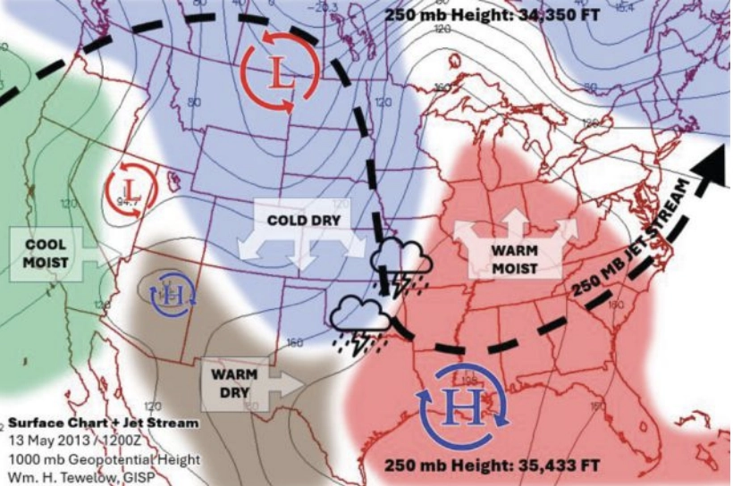 FIGURE 2 This NOAA chart shows a height of 250 millibars (mb) of pressure over Tornado Alley
in the U.S.  (Credit: William Tewelow | Chart from NOAA NWS)