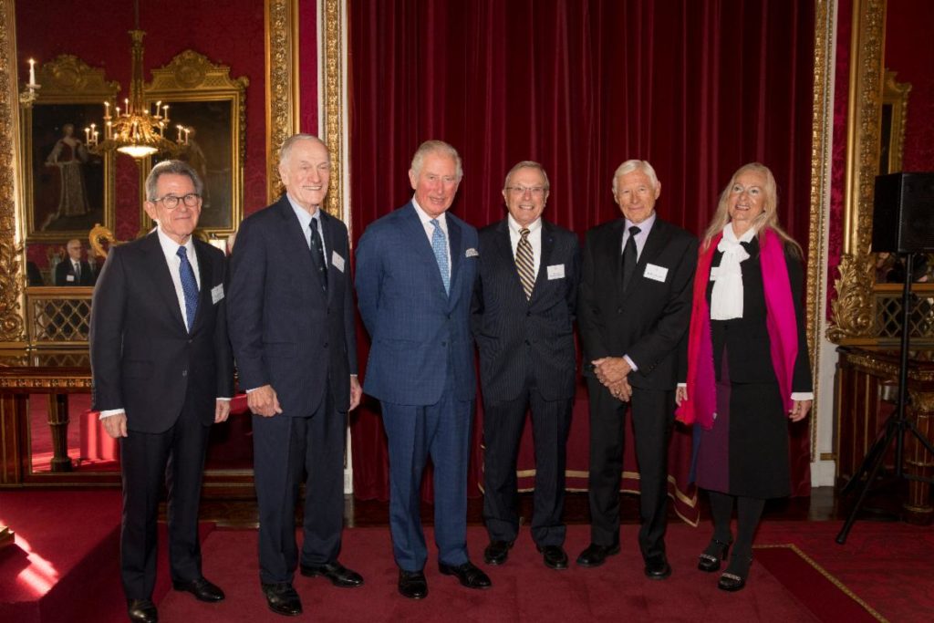 From left: Lord John Browne, Richard Schwartz, HRH The Prince of Wales, Bradford Parkinson, Hugo Fruehauf, Anna Marie Spilker at the Queen Elizabeth Prize for Engineering ceremony at Buckingham Palace, December 3, 2019. (Photo: Jason Aldean)
