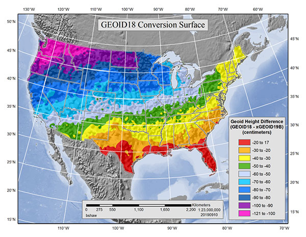 The differences between Geoid18 values and NAD 83, NAVD 88 values